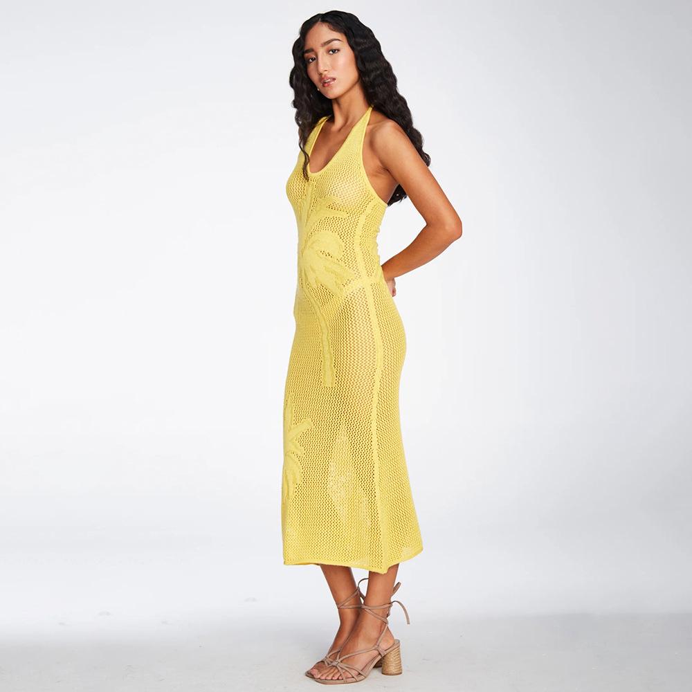 New Summer Solid Color Suspender Textured Hollow Low Neck Exposing Tight Shirt Dress