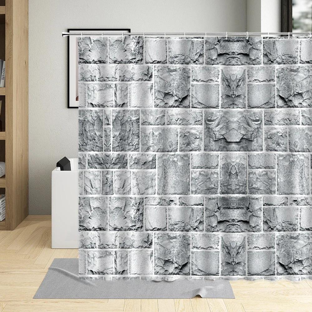 Stone Wall Brick Texture Shower Curtain Set Retro Geometric Red Gray White Bathroom Decor Bathtub Screen Curtains Polyester Hook