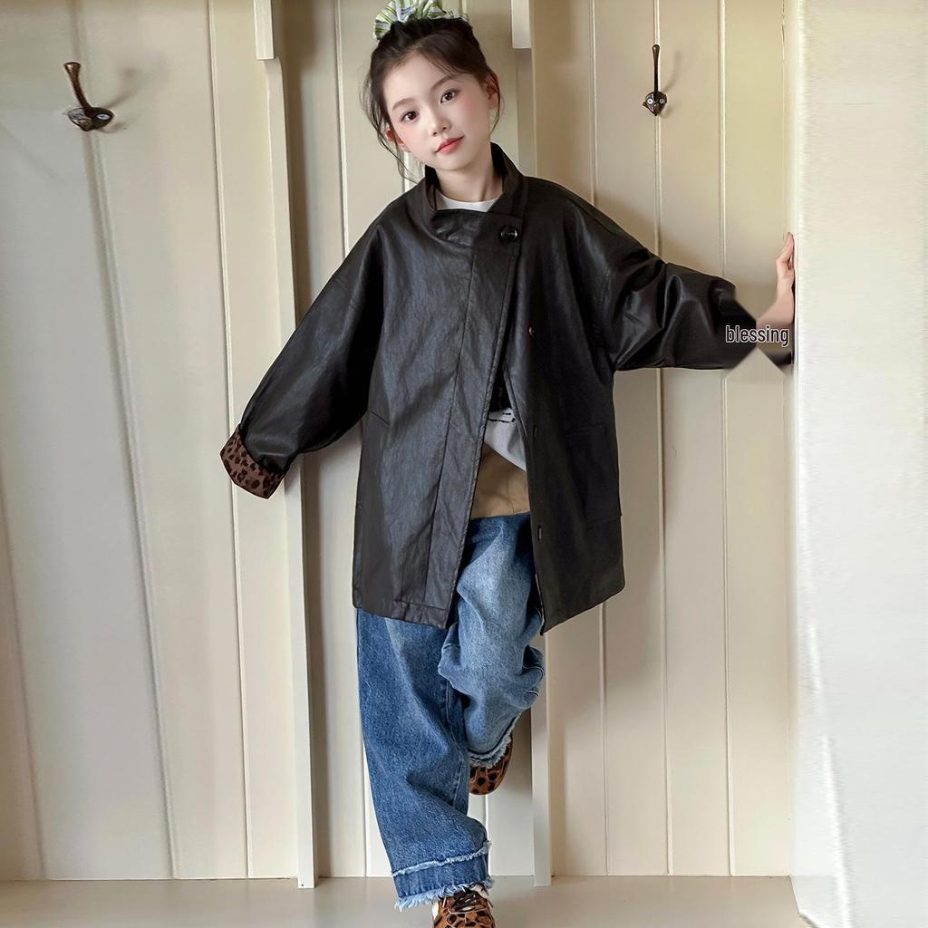 2025 Girls' Mid-Length Leather Jacket - Stylish Autumn/Spring Coat for Fashionable Big Girls