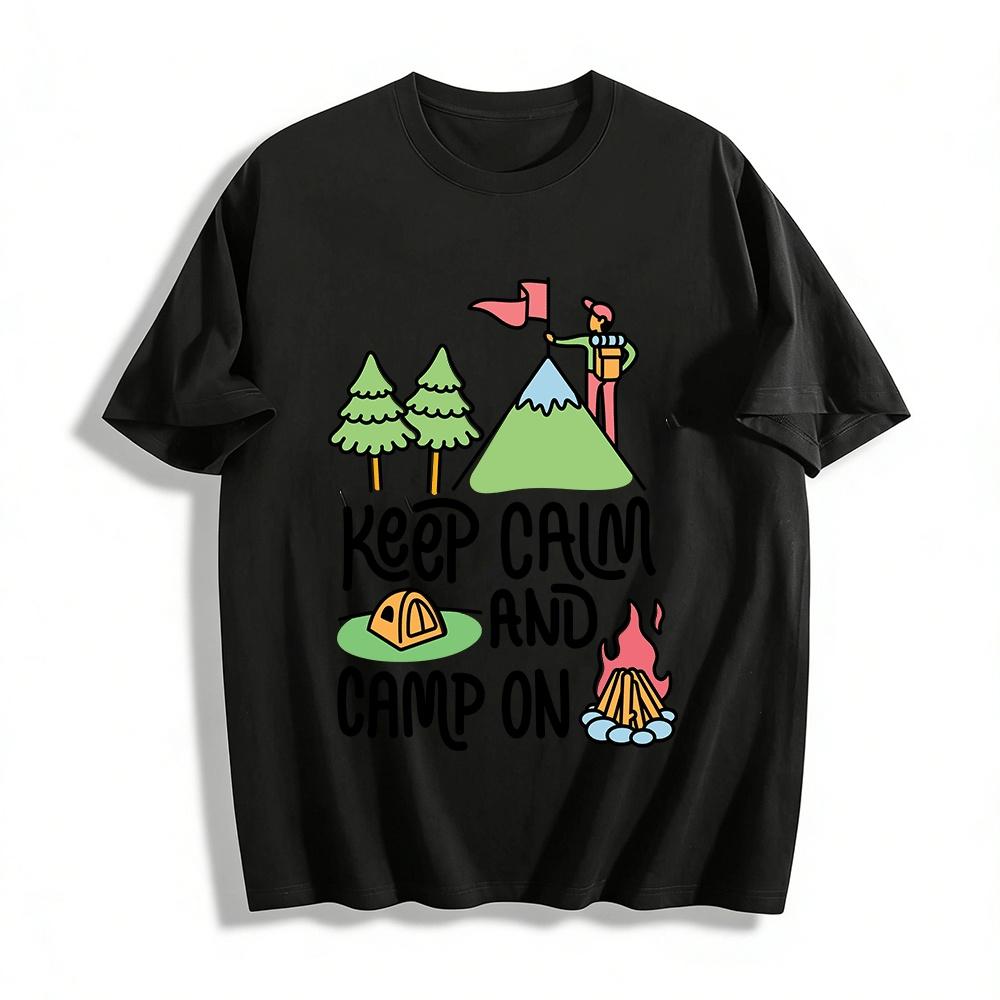 Keep Calm And Camp On Mountain Camping Graphic Print Tee Pure cotton T-shirt XXS