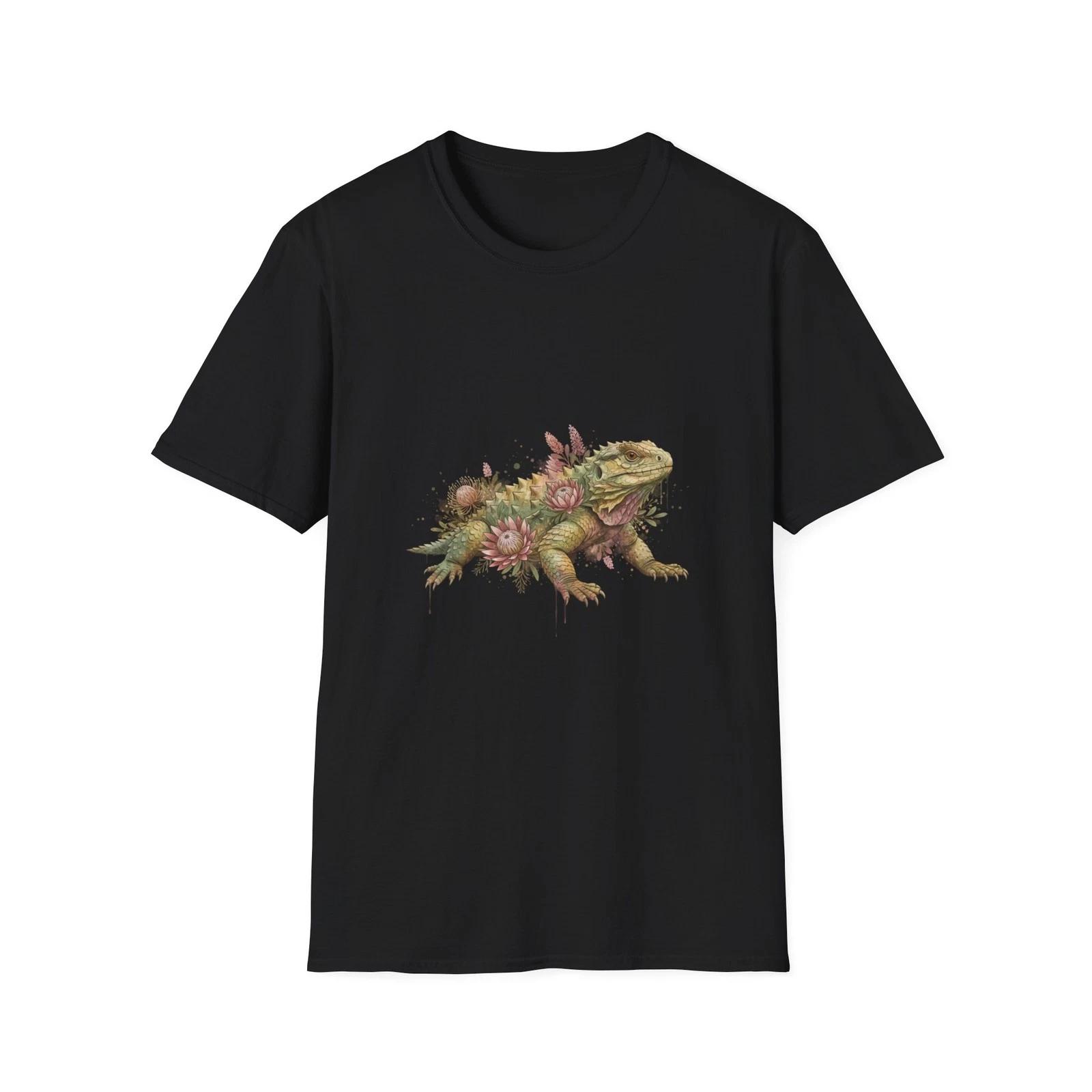 Lizard Floral Watercolor Botanical Black Tee Nature Aesthetic T-Shirt L