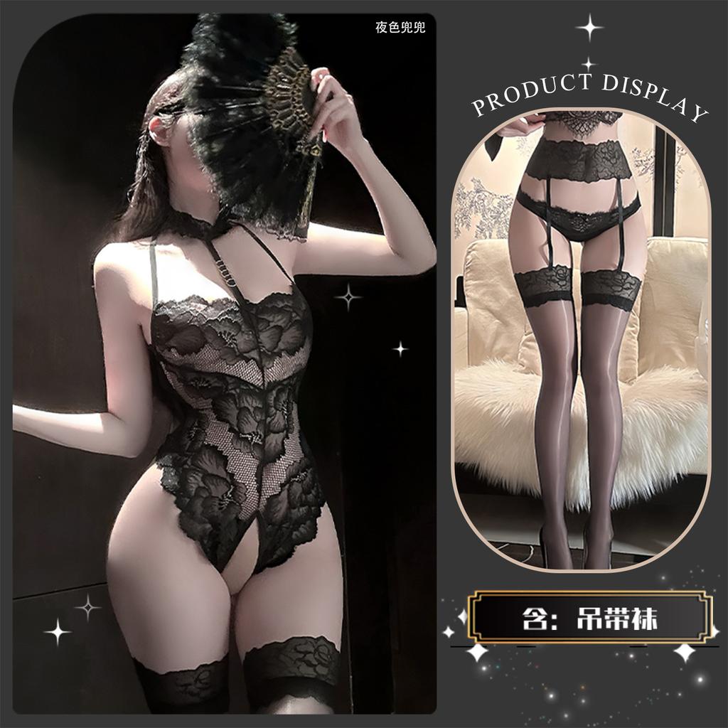 Sexy lingerie Sexy pure desire wind lace print Hollow onesie Slim open gear no-take-off clothing