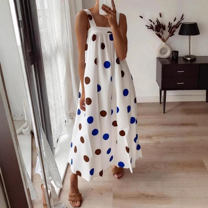 

Летнее платье-макси в горошек, без рукавов, с квадратным вырезом, свободного кроя, пляжное платье XXL белый