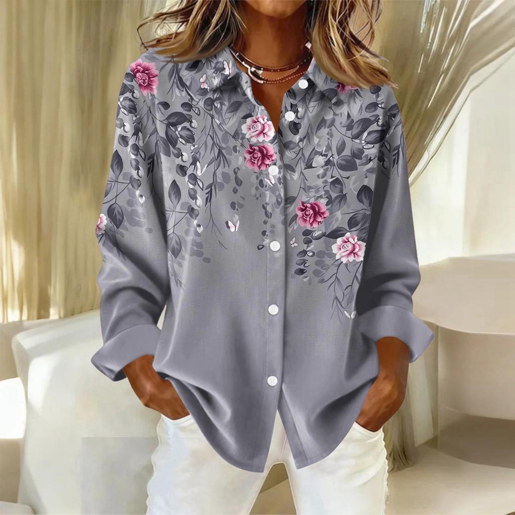 Damenhemd mit floralen Knöpfen, Langarm-Freizeit-Regular-Hemd Blusen Freizeit Übergröße Basic-Tops