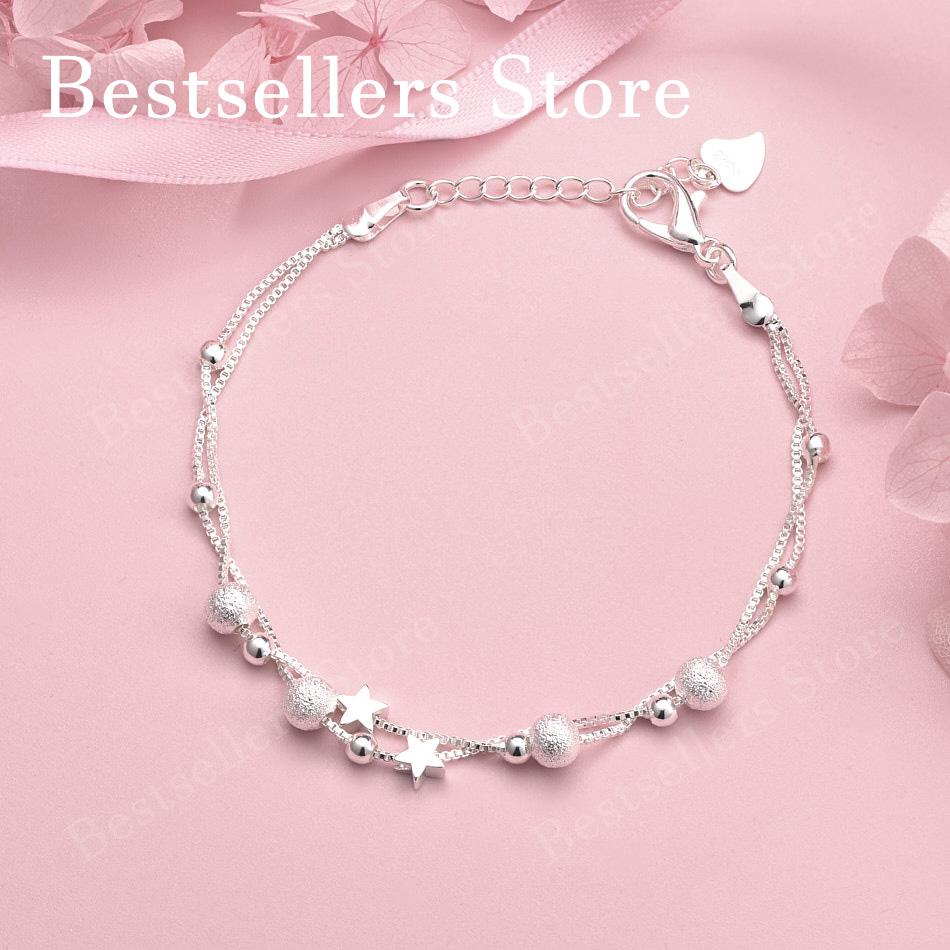 925 Sterling Silver 8-inch Exquisite Star Round Bead Bracelet for Women's Parties, Fashionable Wedding Jewelry Accessories