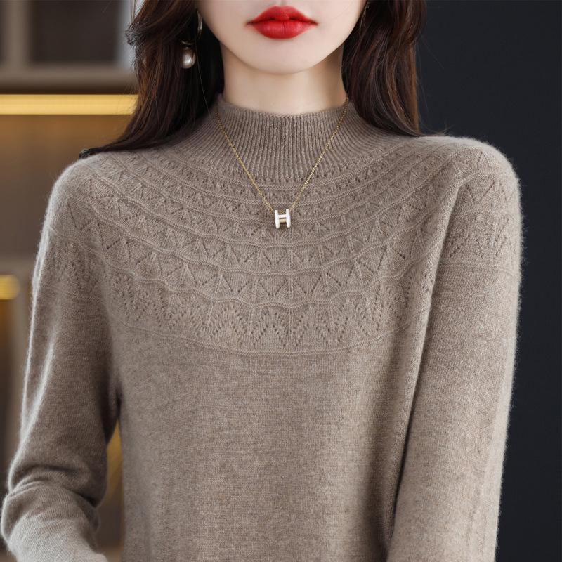 Seamless Pure Wool Women's Half-High Neck Hollow Pullover Sweater - Warm, Slim-Fitting Base Layer Knitwear