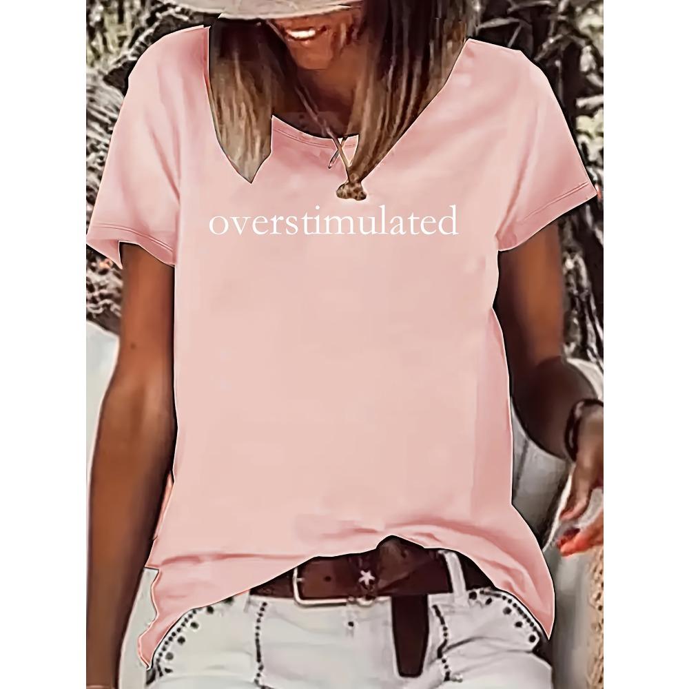 

Women Cotton Short Sleeves T-shirts Overstimulated Women s Tee Minimalist Text Graphic Dark Gray Top S