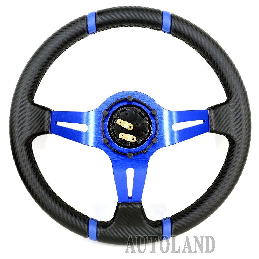 ALTEED Sports Steering 350mm Deep Cone Blue Spokes with Carbon Fiber for Aftermarket Cars Wheel, Model, Design,