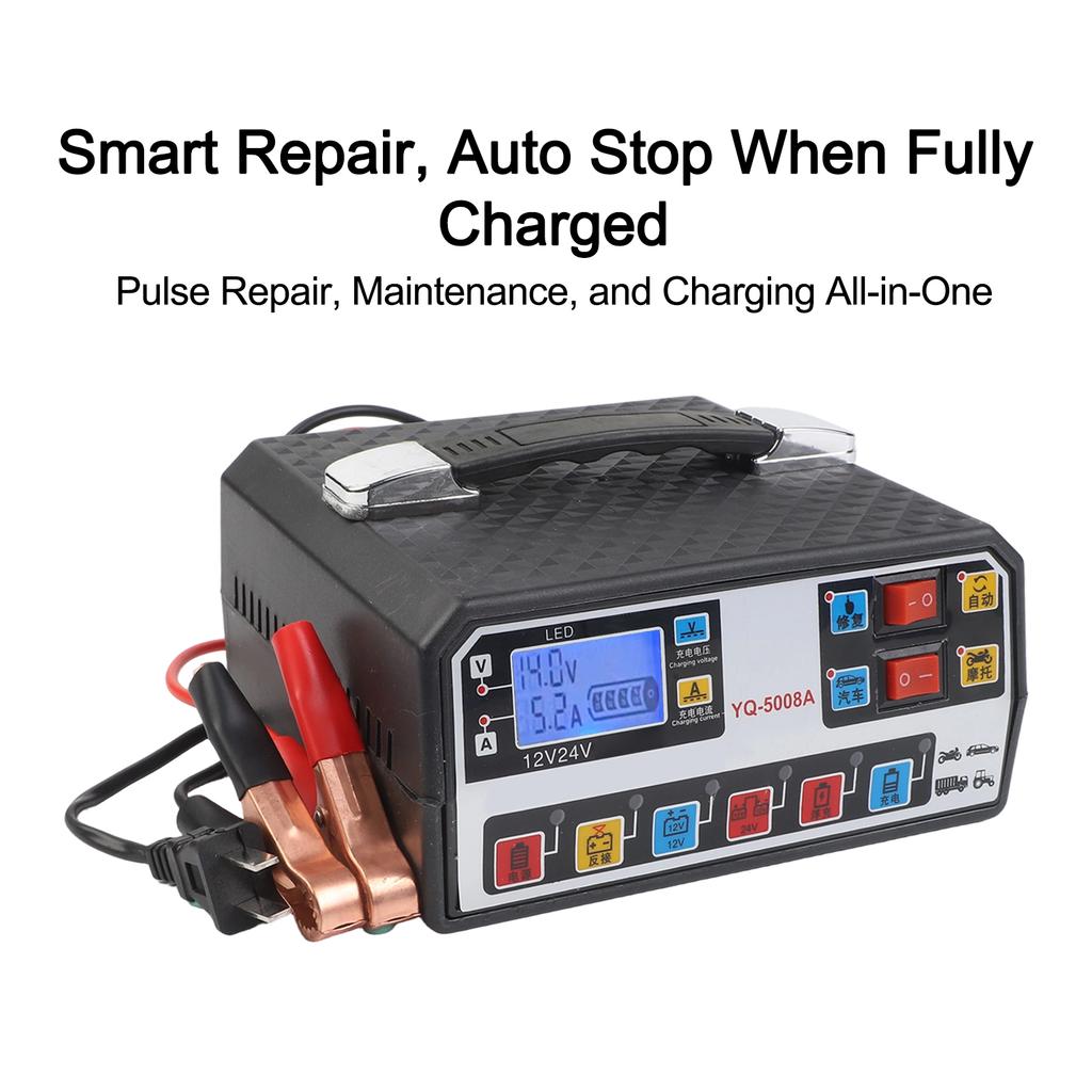 Car Battery Charger 12V 24V 500A Intelligent Pulse Repair Technology with LCD Display and Reverse Connection Protection