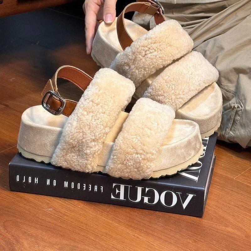 Wear thick-soled heightening fluffy shoes for women's autumn and winter new fashion and leisure open-toed plush one-word cotton slippers tide