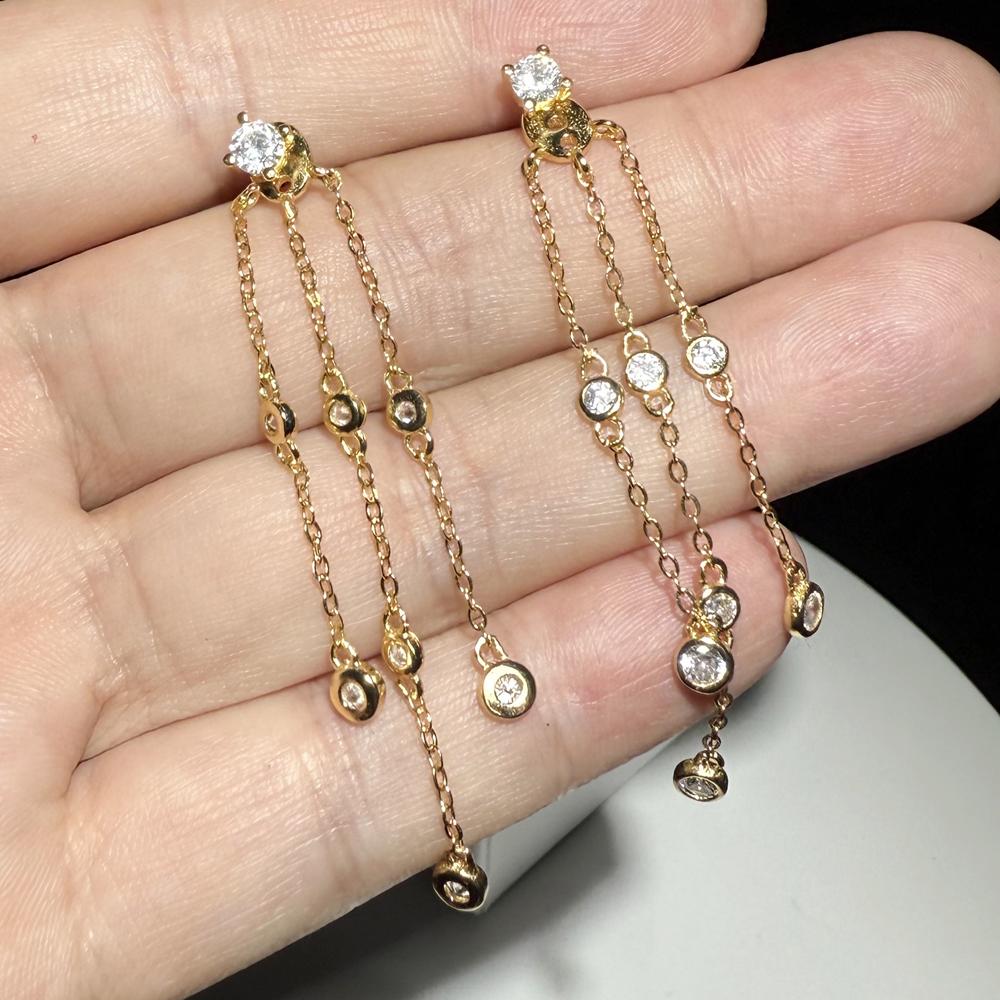 18K Gold Plated 925 Sterling Silver Fashion Women Jewelry Micro Pave 5A Tiny Round CZ Triple Tassel Chain Earring