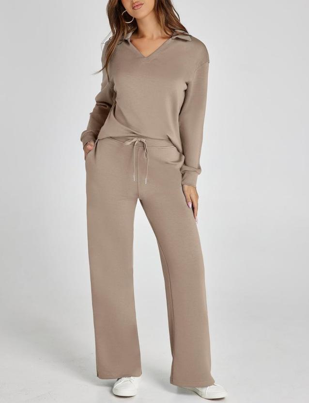 Women's Olive Green V-Neck Lounge Set with Drawstring Waist Pants