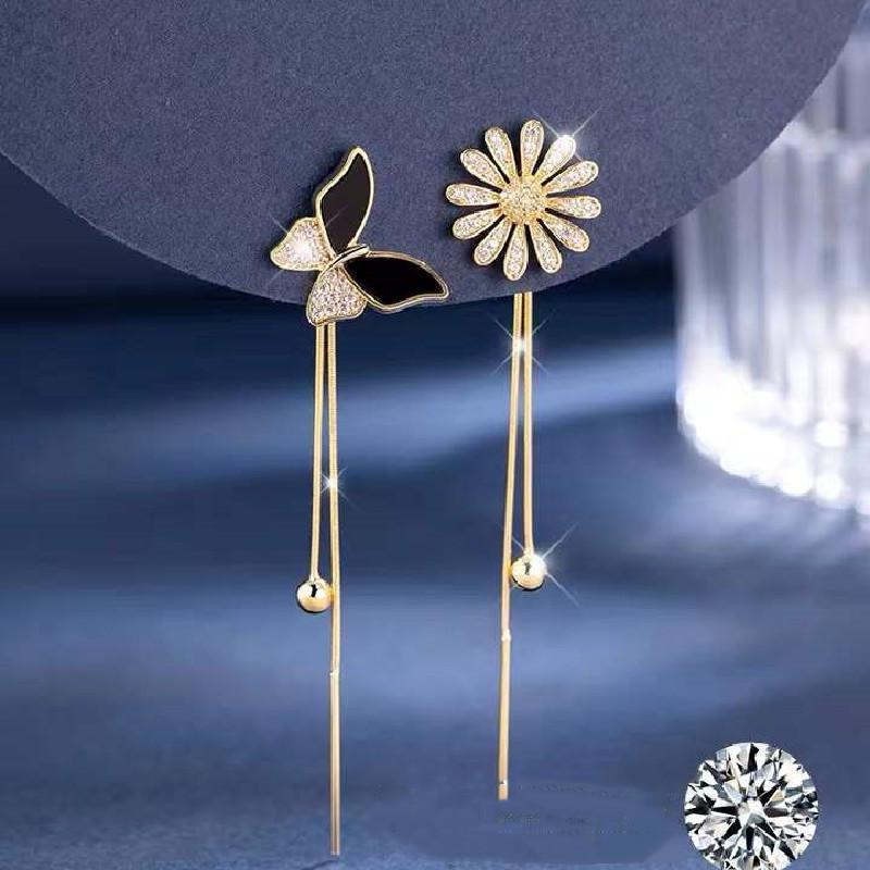 925 Silver Rhinestone Flower Butterfly Asymmetrical Tassel Earrings for Women