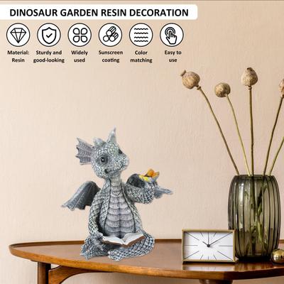 Dragon Dinosaure Méditation Lecture Livre Sculpture Figurine Jardin Maison Décoration Ornement Résine Jardin Extérieur Artisanat Décoration
