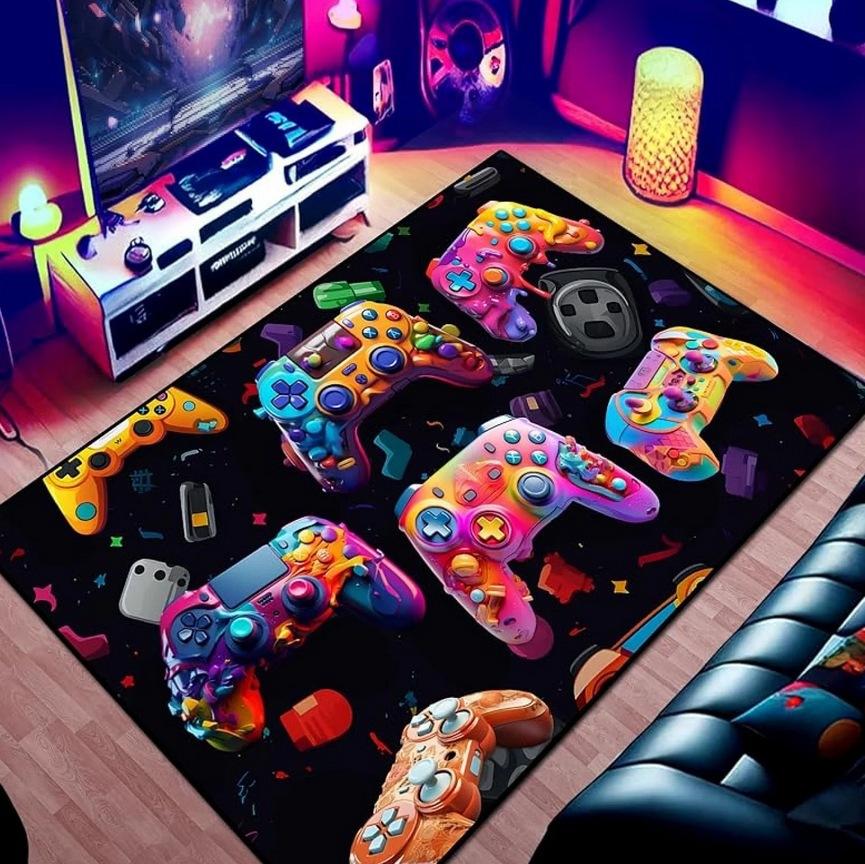 3D Neon Gaming Controller Carpet Full Coverage Rug Mat for Home Decoration Glowing Joystick Pattern Gaming Room Floor Decor