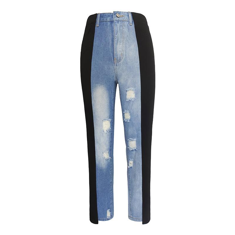Women s new style spliced denim pants, stretchy, slim-fit, high-waisted, skinny jeans, straight-leg jeans S