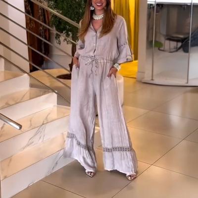 Macacões Femininos de Perna Larga com Botões Decote V Mangas 3/4 com Babados Macacão Verão Casual Cordão Macacão Roupa de Uma Peça