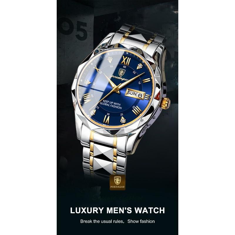 POEDAGAR Top Luxusmarke Herrenuhren Wasserdicht Leuchtend Kalender Wochentag Uhr für Mann Edelstahl Lässige Quarz Uhr