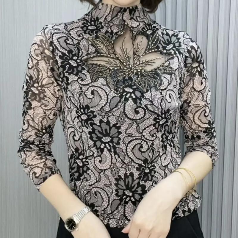 Nuova Maglietta Primaverile a Collo Semi Alto con Maniche Lunghe e Dettagli Cut-Out per Donna Versatile Elegante Top con Strass