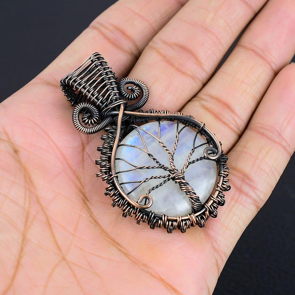 Rainbow Moonstone Pendant Gemstone Jewelry, 999 Copper Wire Wrapped Pendant, Handmade Beautiful Jewelry Pendant