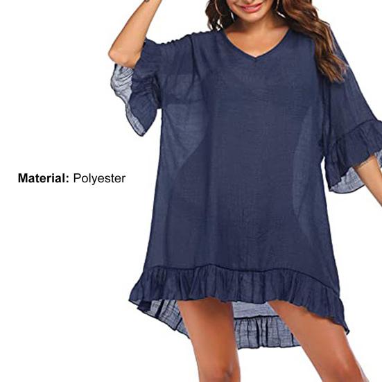 Bikini Cover Up Ruffles V Neck Ladies Elegant Pure Color Sundress for Beach