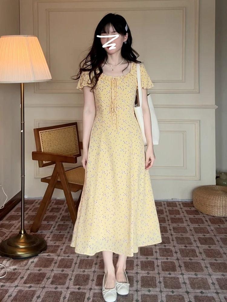 French Temperament Bubble Sleeve Yellow Floral Dress Children's Summer New Small Super Good-looking Long Dress