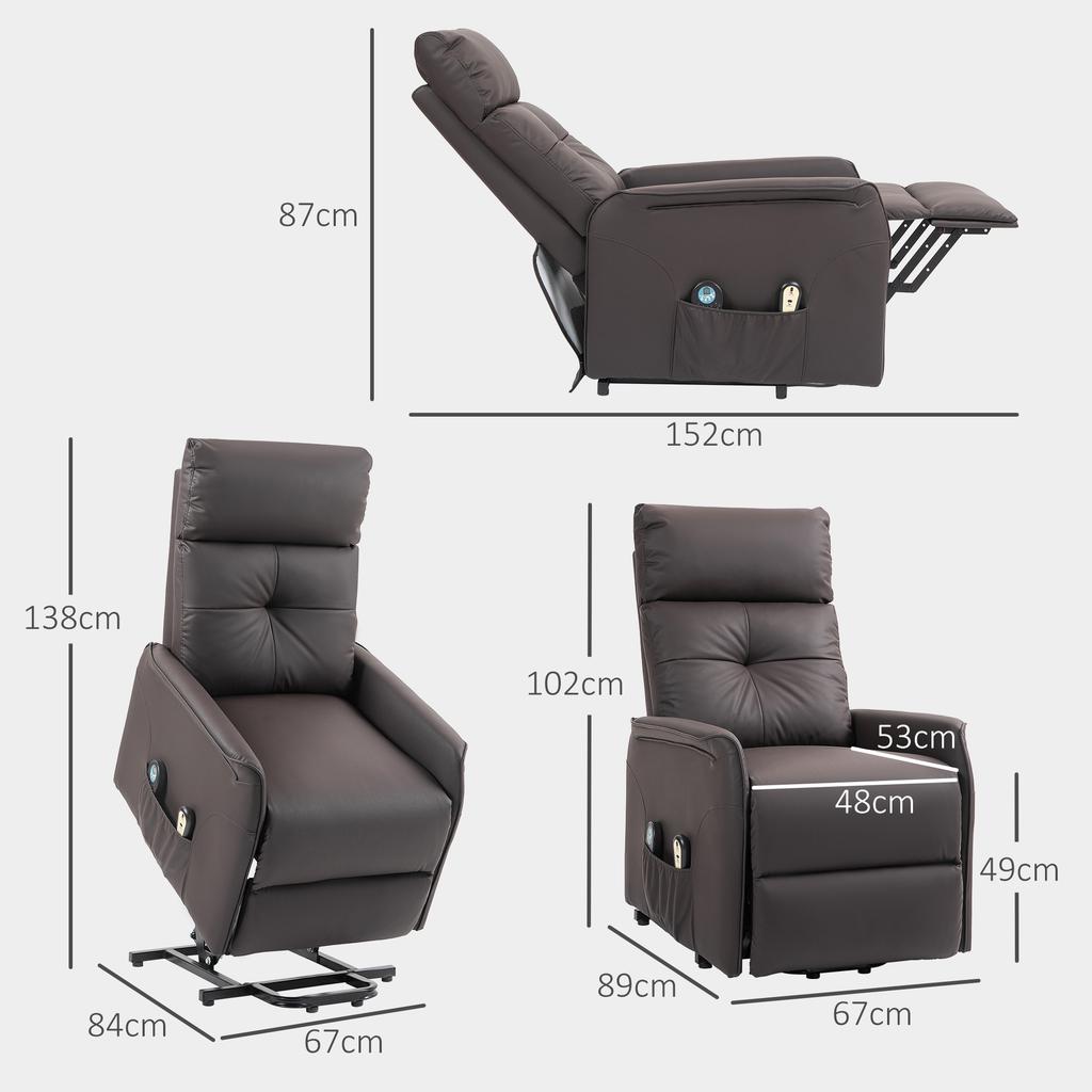 Riser and Reclining Relax Armchair with 8 Massage Points and Heating, 2 Remote Controls, Brown