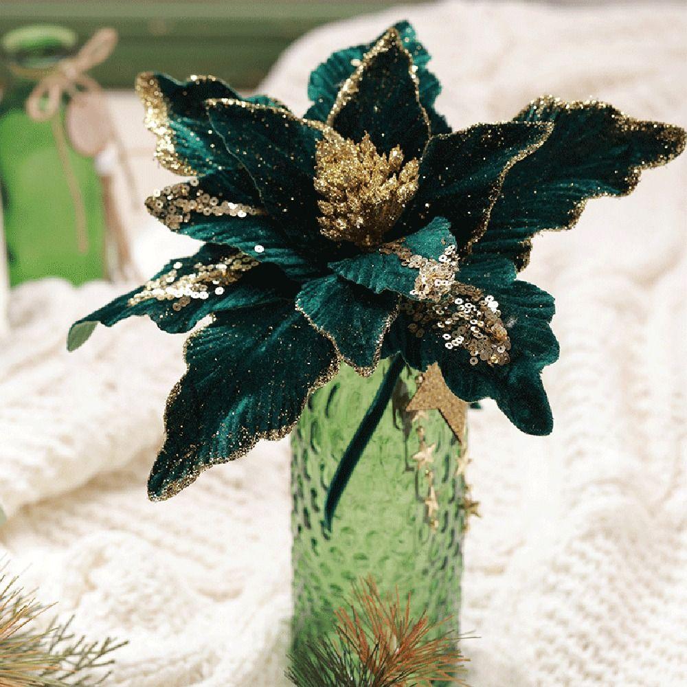 Glitter Christmas Glitter Artificial Flowers Large 30cm with Stems Xmas Tree Flowers Ornaments Cute Creative
