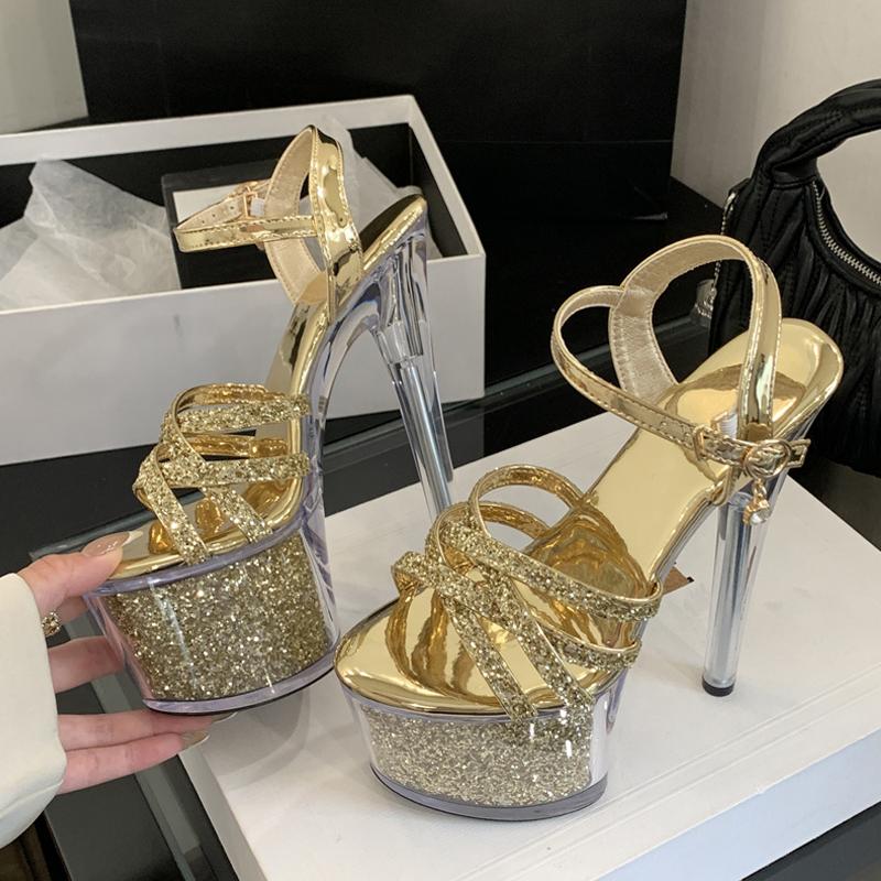 Fashion Liyke Fashion Buckle Strap Platform Sandals Women Gold Sequined Narrow Band Open Toe 17CM Transparent Heels Wedding Banquet Shoe