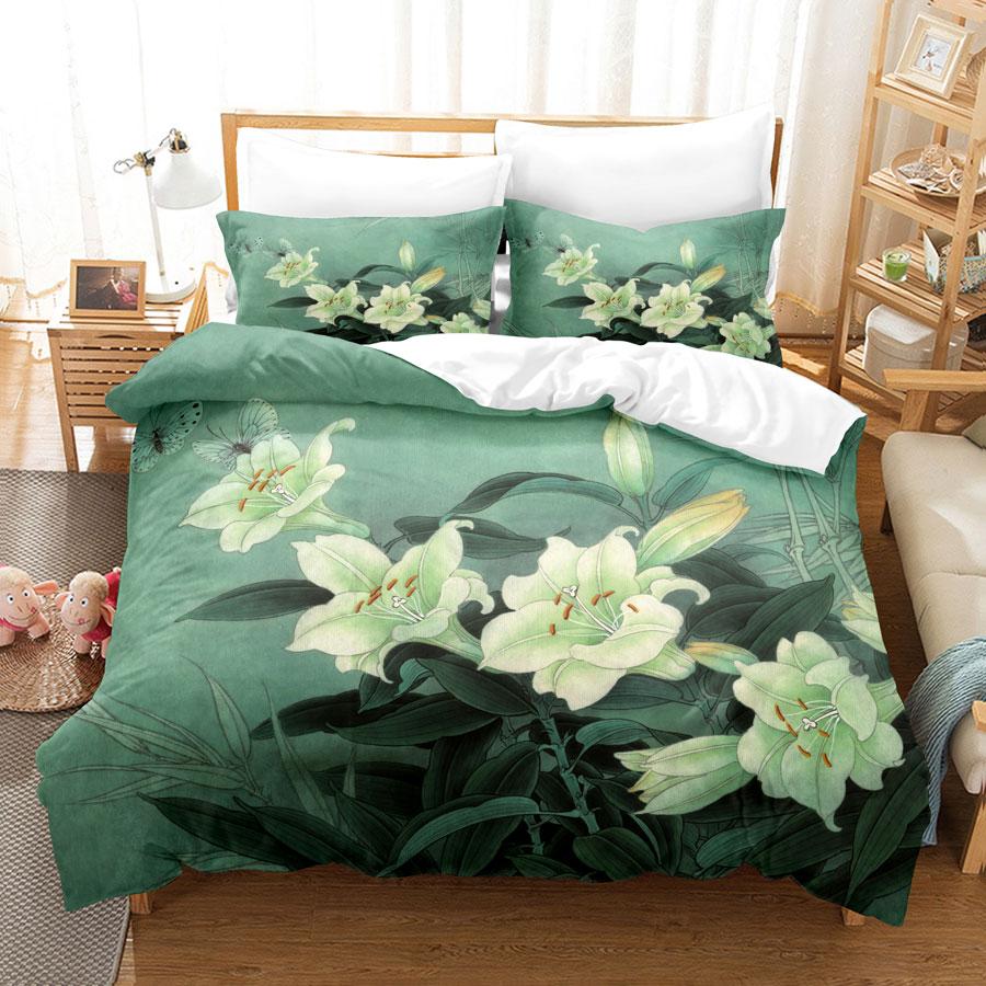 Green Flower Duvet Cover Set Double Bed With Pillowcase Lotus Bedding Set King Size 3pcs 2pcs Single Twin Full 200x200 220x240cm