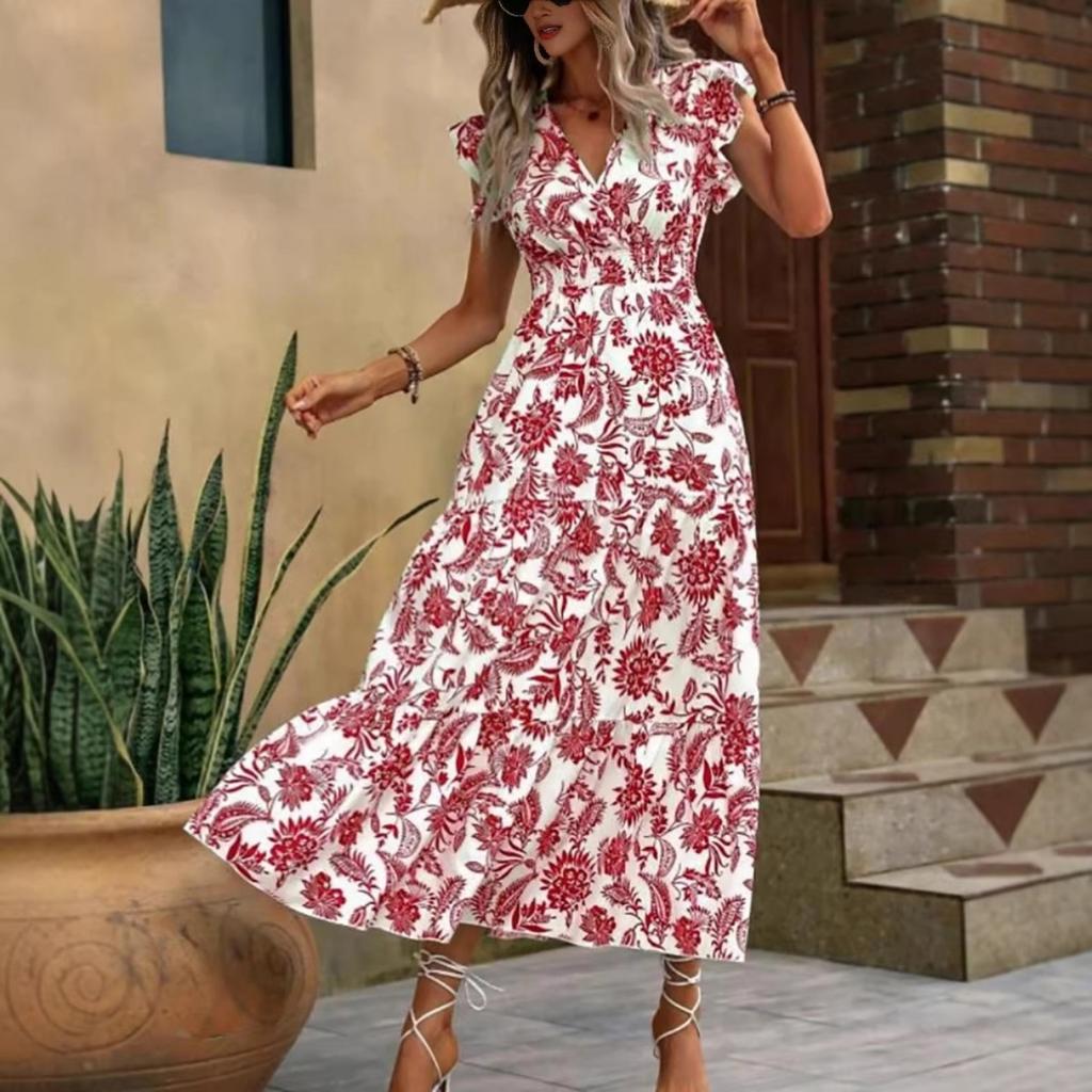 New Summer V Neck Printed Midi Dress Women's Casual Fashion Dress for Outdoor Daily Wear