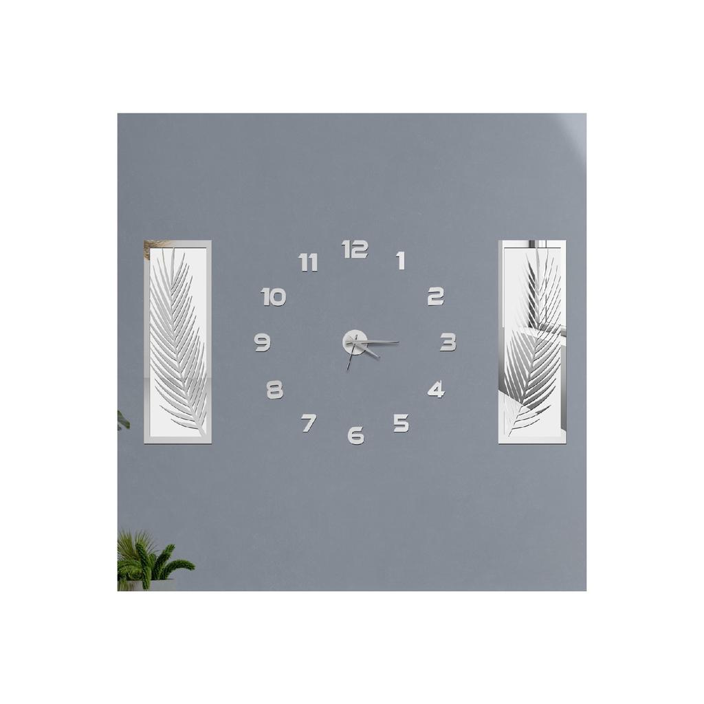 3 Piece Wall Clock Set, Acrylic Plexiglass Mirrored Palm Leaves And Roman R. Clock