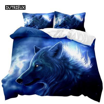 Wolf Bettbezug Set 3D Tiermotiv Bettwäsche Set Retro Cool Wilder Wolf Blauer Himmel Doppel Queen King Size Weiche Polyester Steppdecke