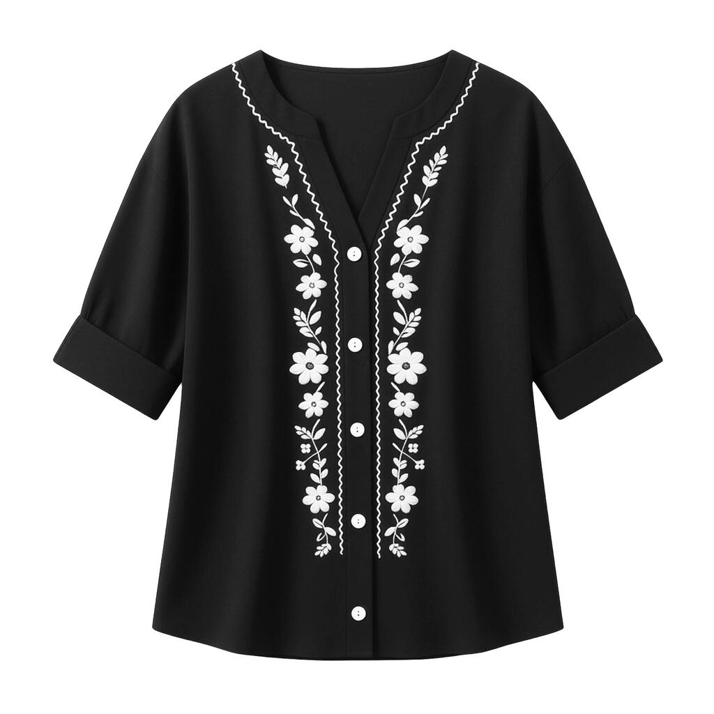 Women's Long Sleeve Button Down Blouse - Color Round Neck with Embroidery, Casual and Daily Wear Top for Women