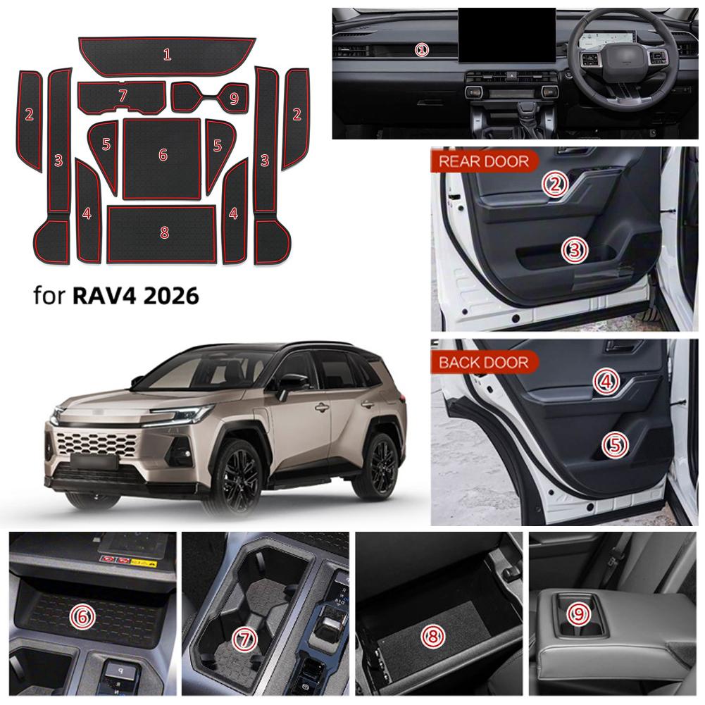 1 Set Tappetini per vani porta interni per RAV4 2026 (13 pezzi) Tappetino Antiscivolo Accessori Protezione Centro Console in Silicone Antiscivolo