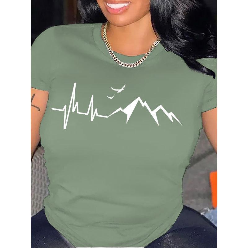 Letnia okrągła szyja góra z nadrukiem wzoru górskiego modna casualowa z krótkim rękawem damskie bawełniane koszulki
