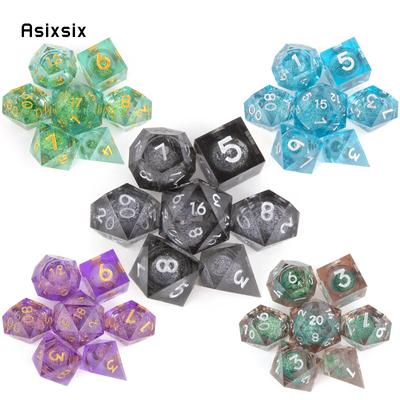 7 Pcs  All Kinds of Color Flowing Sand Golden Number Sharp Edge Dice Polyhedral Dice Suitable for  RPG   Board Game
