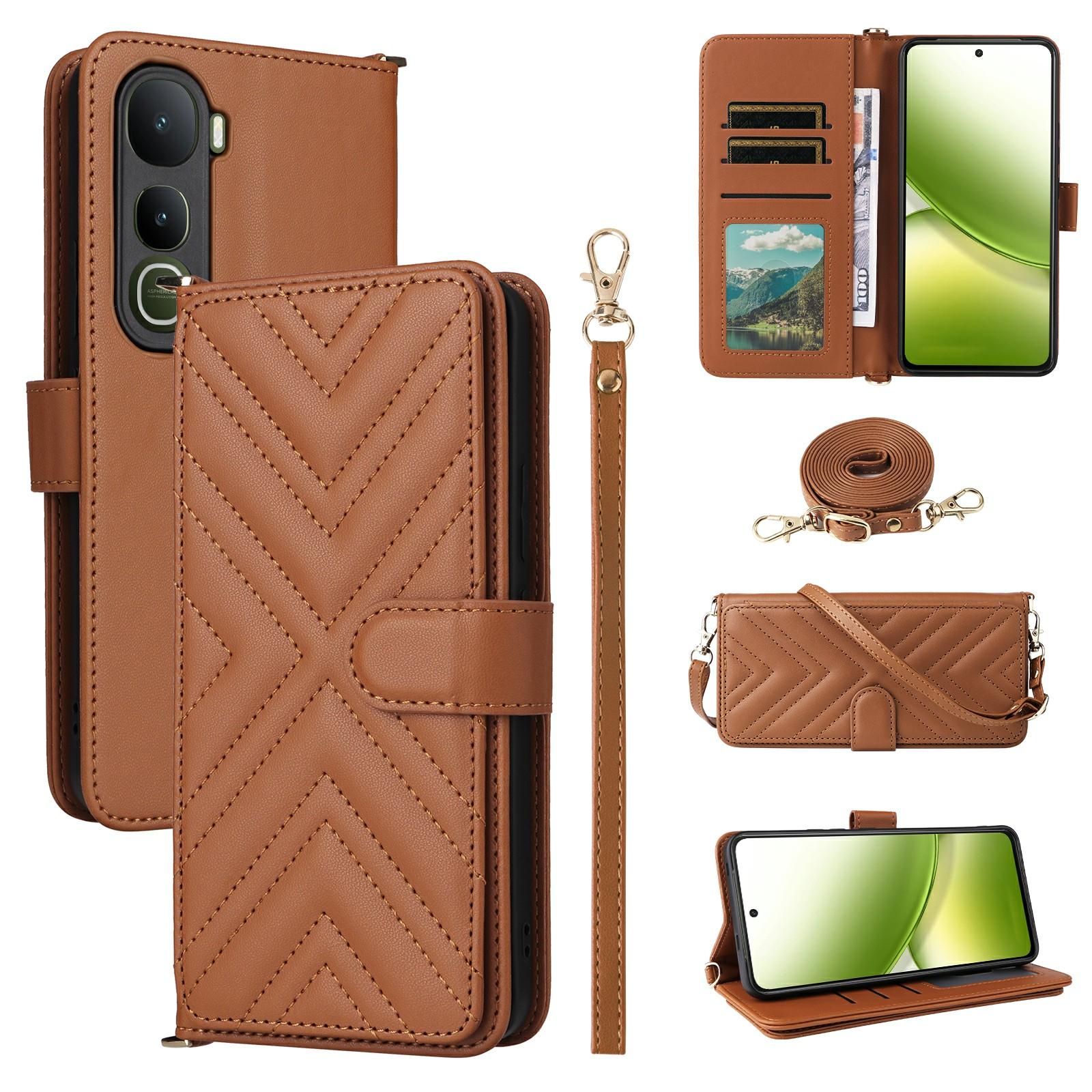 

For vivo Y400 4G/Y400 5G Case with Shoulder/Wrist Strap Leather Phone Cover Stand Wallet D