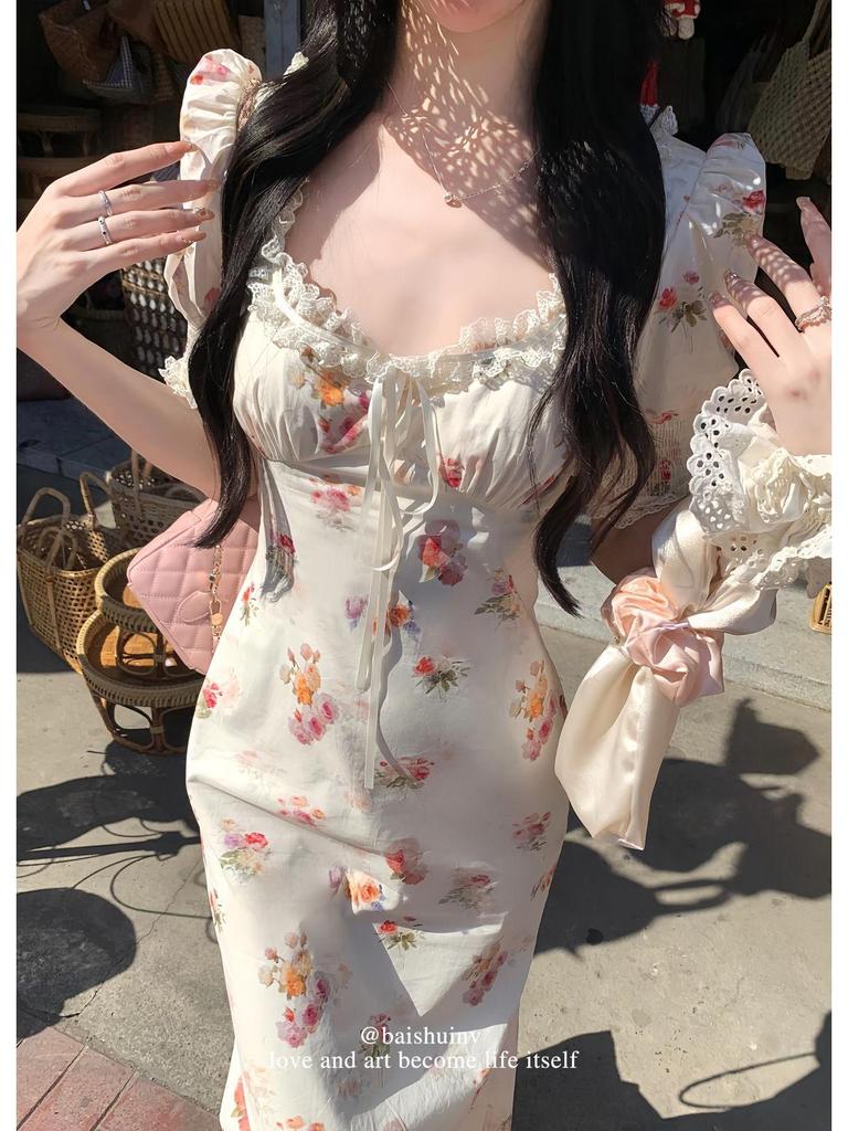 White Tower Women's Elegant Fairy Style Lace Dress - Summer/Autumn Korean Chic Long Dress