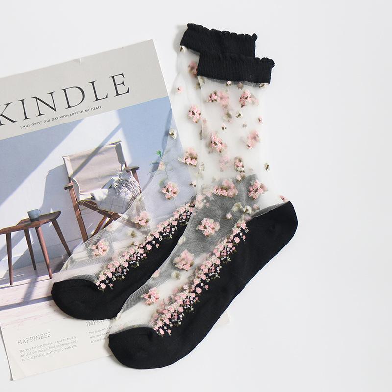 Breathable Ultra Thin Transparent Lace Socks Women Silk Crystal Rose Flower Embroidered Sox For Ladies Summer Fashion Elastic