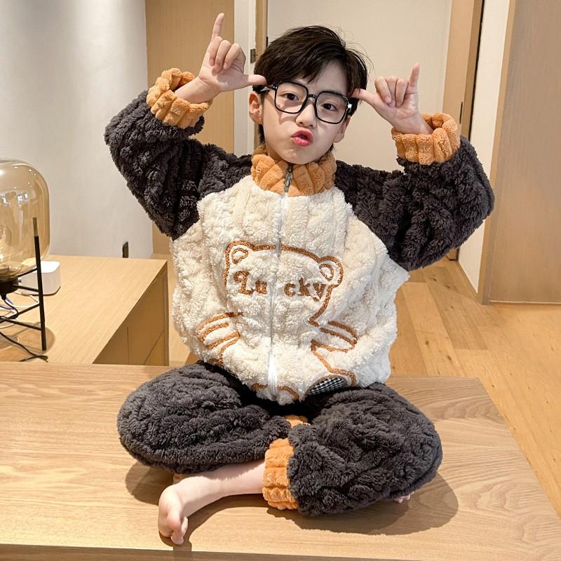 Boys Winter Warm Fleece Pajama Set With Zipper Collar Cartoon Print Long Sleeve Sleepwear Ages 8-14