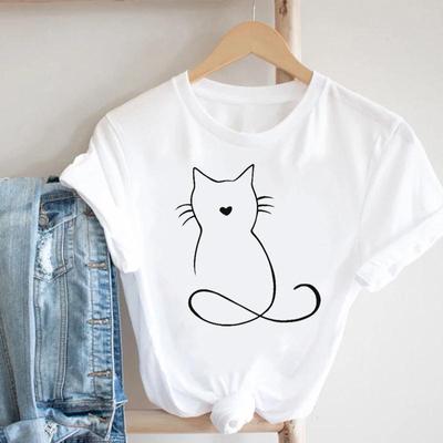 Women Short Sleeve Print Tee Top Summer Cat Love Simple Printing Fashion Tshirt  Lady Female Clothing Casual Graphic T-shirt