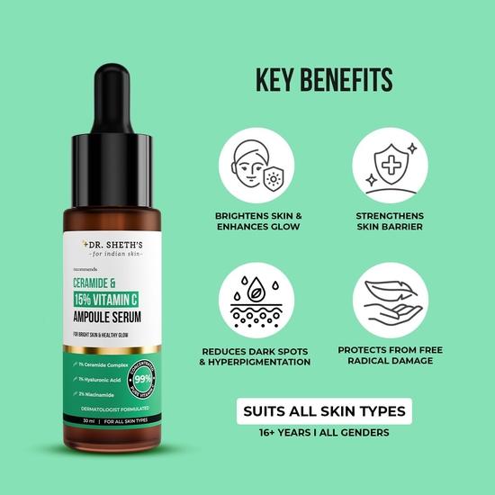 Dr. Sérum ampoule non irritant aux céramides et à la vitamine C 15 % de Sheth | Réduit le teint terne et les taches brunes | Répare la barrière cutanée | Tous types de peau | 30 ml