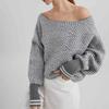 One-neck Wool Sweater, Long-sleeved Checked Knitted Sweater, Pullover, Off-the-shoulder Women's Outerwear