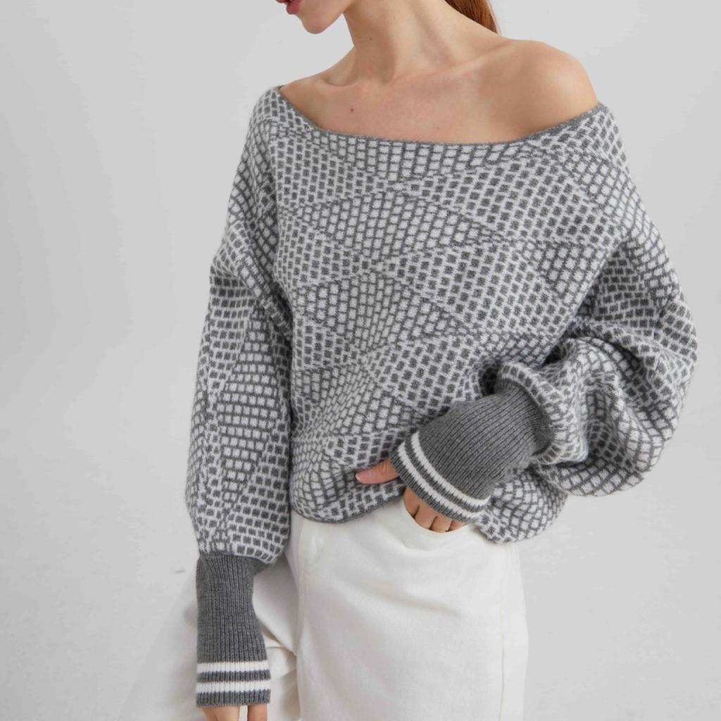 One-neck Wool Sweater, Long-sleeved Checked Knitted Sweater, Pullover, Off-the-shoulder Women's Outerwear