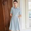2024 Women's Blue Stand-Up Collar Short-Sleeve Shirt Dress for Office Commute