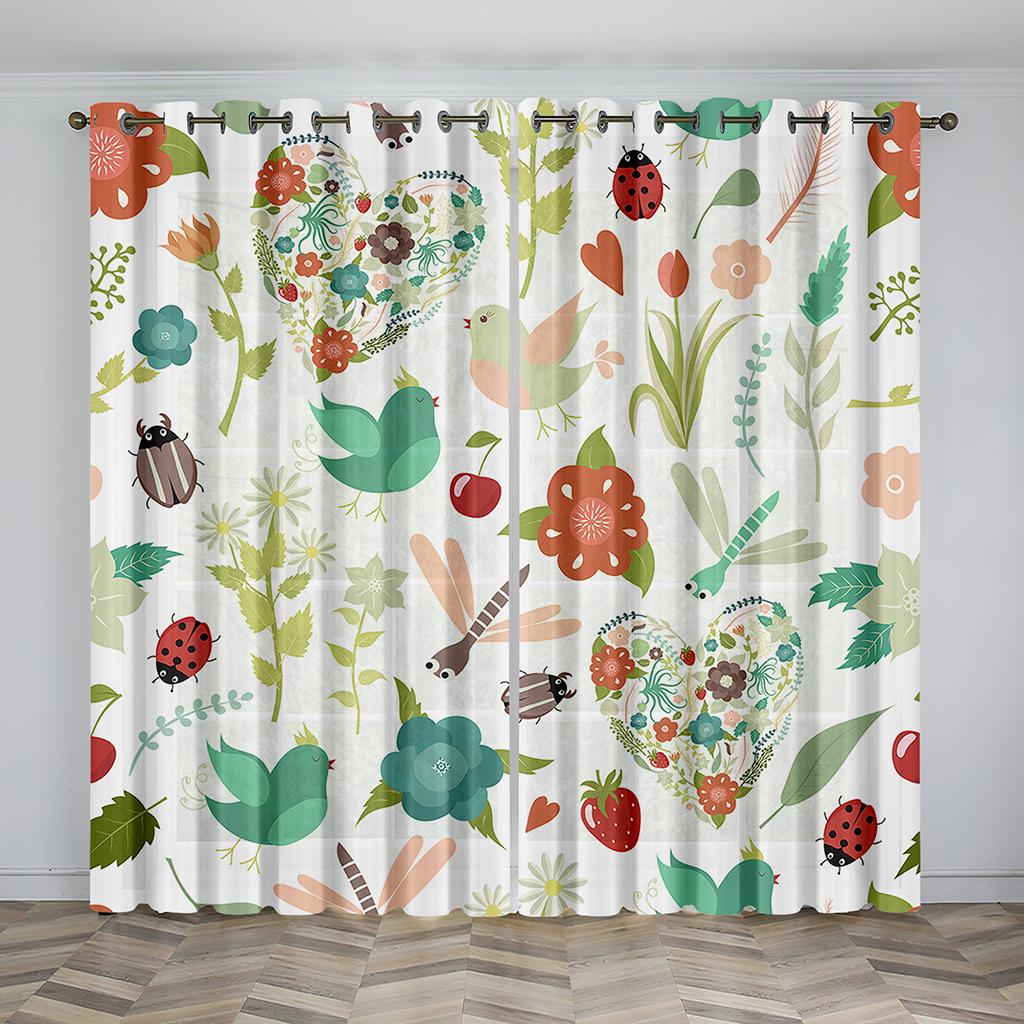 2 Panel Bird Tropical Plant Leaf Printed Curtains for Bedroom Living Room Blinds Window Cortinas Grommet Top Rod Pocket Drape