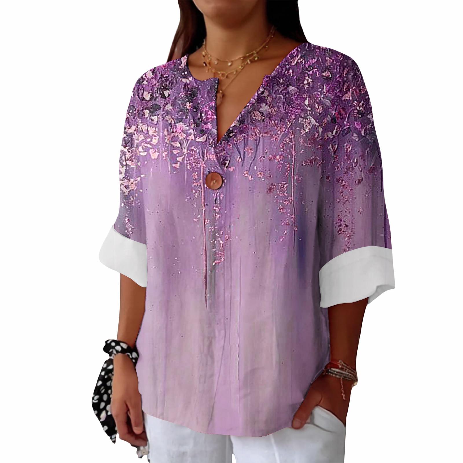 

Women s Fashion Casual Button V-Neck Cotton And Linen Printed Seven Sleeve T-Shirt Top XXL фиолетовый