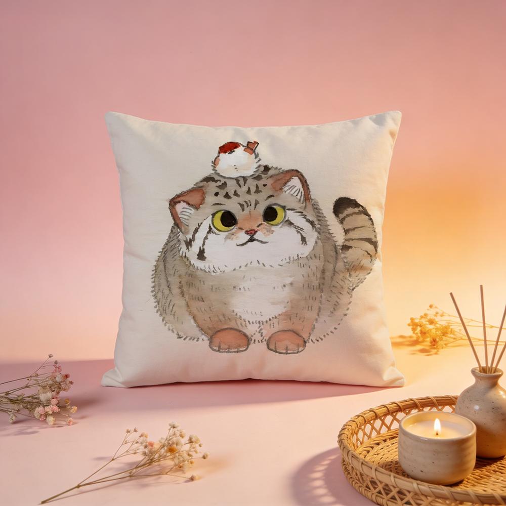 Fluffy Pallass Cat Art Cushion Cover Comfortable Durable Pillow Cover MultiScene for Home Office Car Sofa