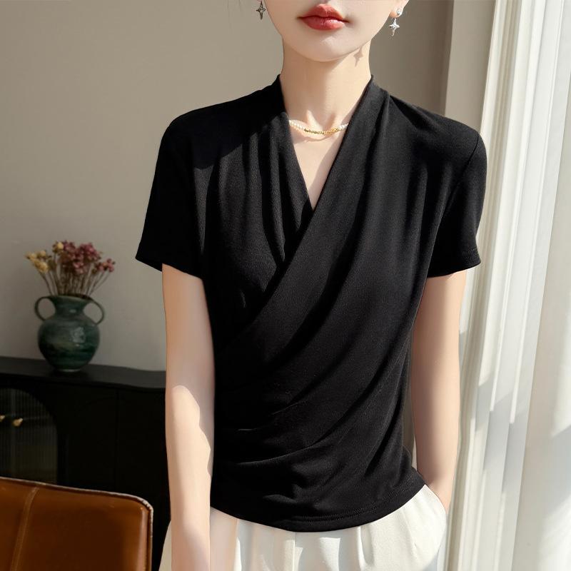 Summer New Slim-fit and Flattering Versatile Base Layer Top with Crossed V-neck and Pleated Front Shoulder Short-sleeved T-shirt for Women